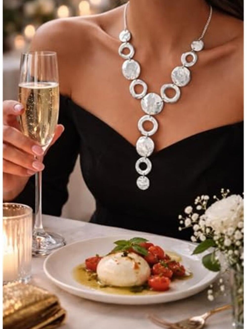 Chunky Silver Gold Statement Necklace for Women, Long Geometric Hammered Circle